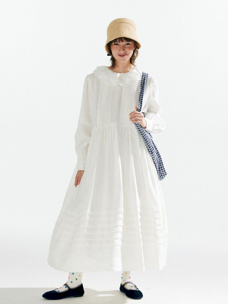 Pleated Ruffle Lace Neck Dress【s0000007635】