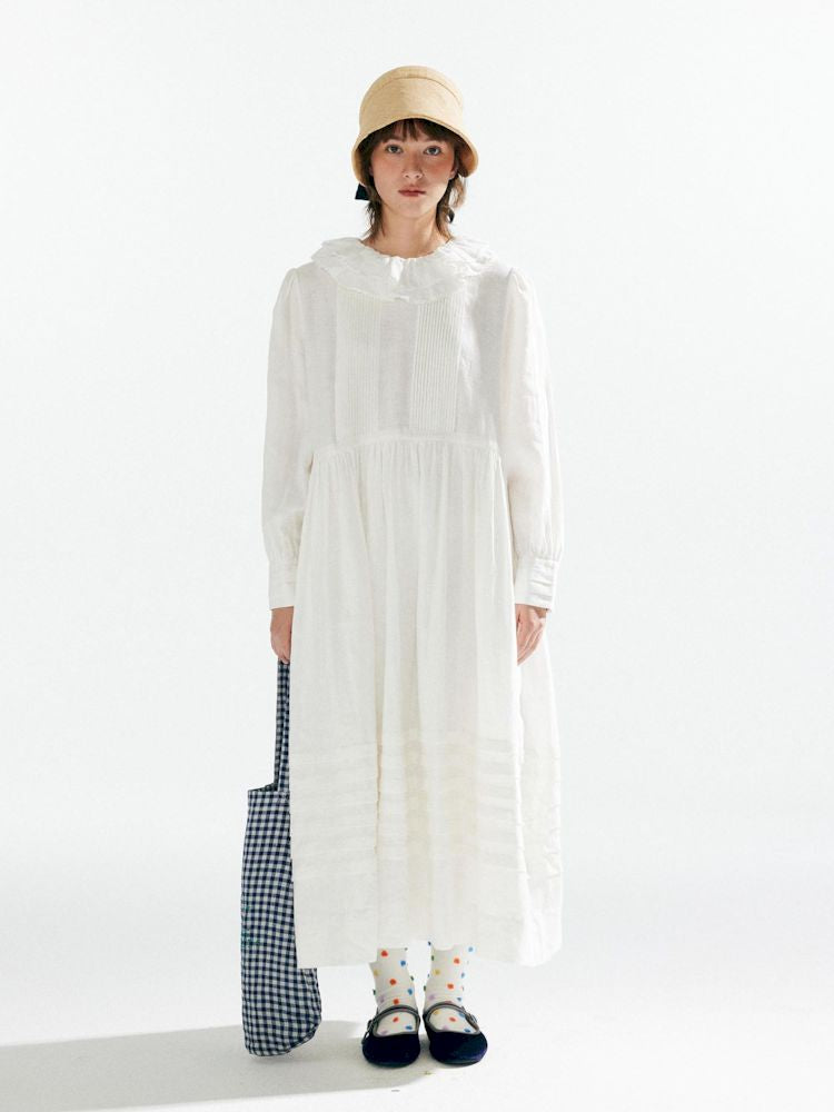 Pleated Ruffle Lace Neck Dress【s0000007635】