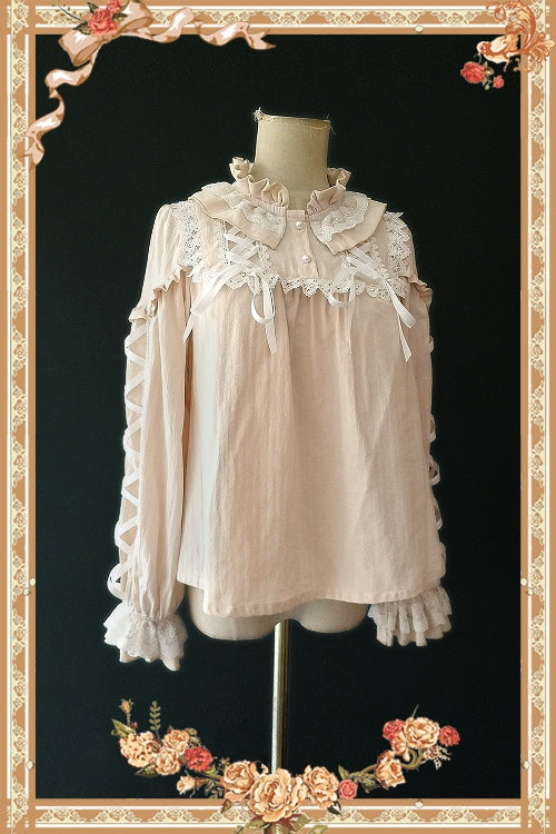 Infanta - Warm Tea - Cute Ribbon Long Sleeves Cotton Blouse