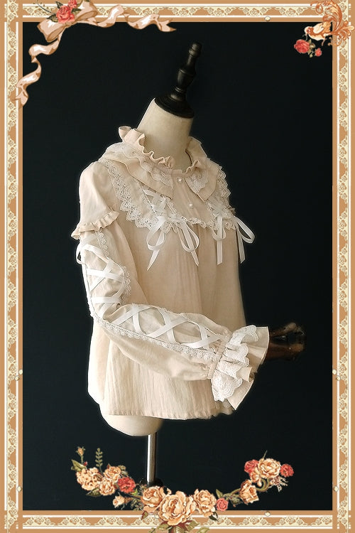 Infanta - Warm Tea - Cute Ribbon Long Sleeves Cotton Blouse