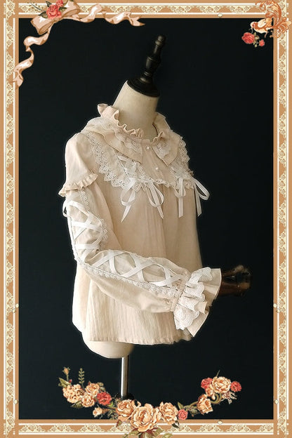 Infanta - Warm Tea - Cute Ribbon Long Sleeves Cotton Blouse