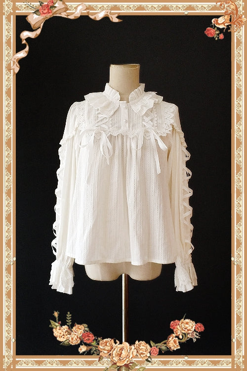 Infanta - Warm Tea - Cute Ribbon Long Sleeves Cotton Blouse