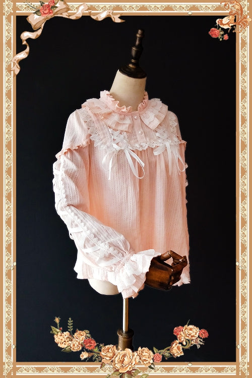 Infanta - Warm Tea - Cute Ribbon Long Sleeves Cotton Blouse