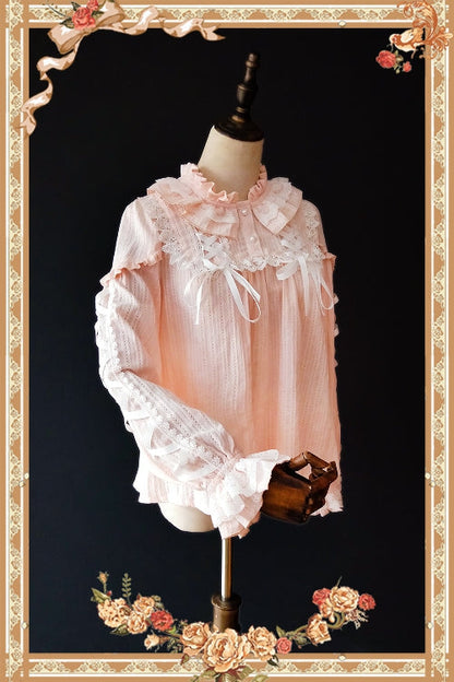 Infanta - Warm Tea - Cute Ribbon Long Sleeves Cotton Blouse