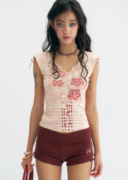 floral print striped T-shirt