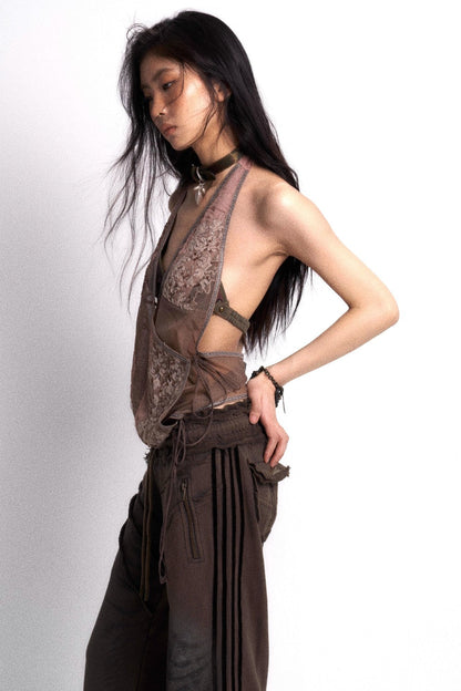 Embroidered Mesh Halter Top