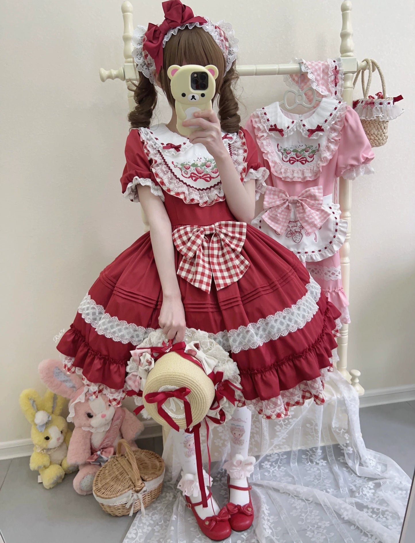 Sugar Girl - Strawberry Tea - Sweet Red Lolita OP Dress Short Sleeve Apron Dress