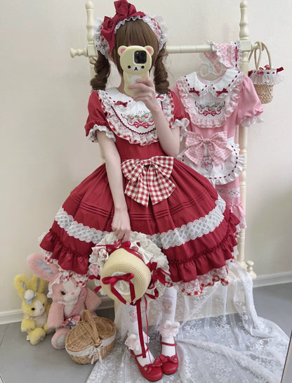 Sugar Girl - Strawberry Tea - Sweet Red Lolita OP Dress Short Sleeve Apron Dress