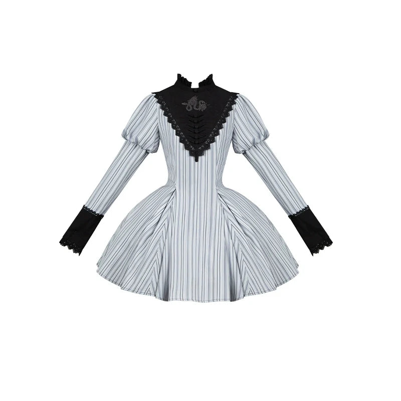 With PUJI - Nocturne SP - Striped Gothic Lolita OP Twin Lolita Dress with Apron
