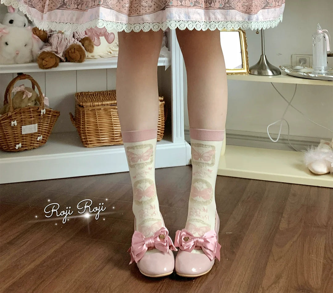 Roji Roji - Sweet Lolita Cotton Socks, Detachable Cuff Bow Trim