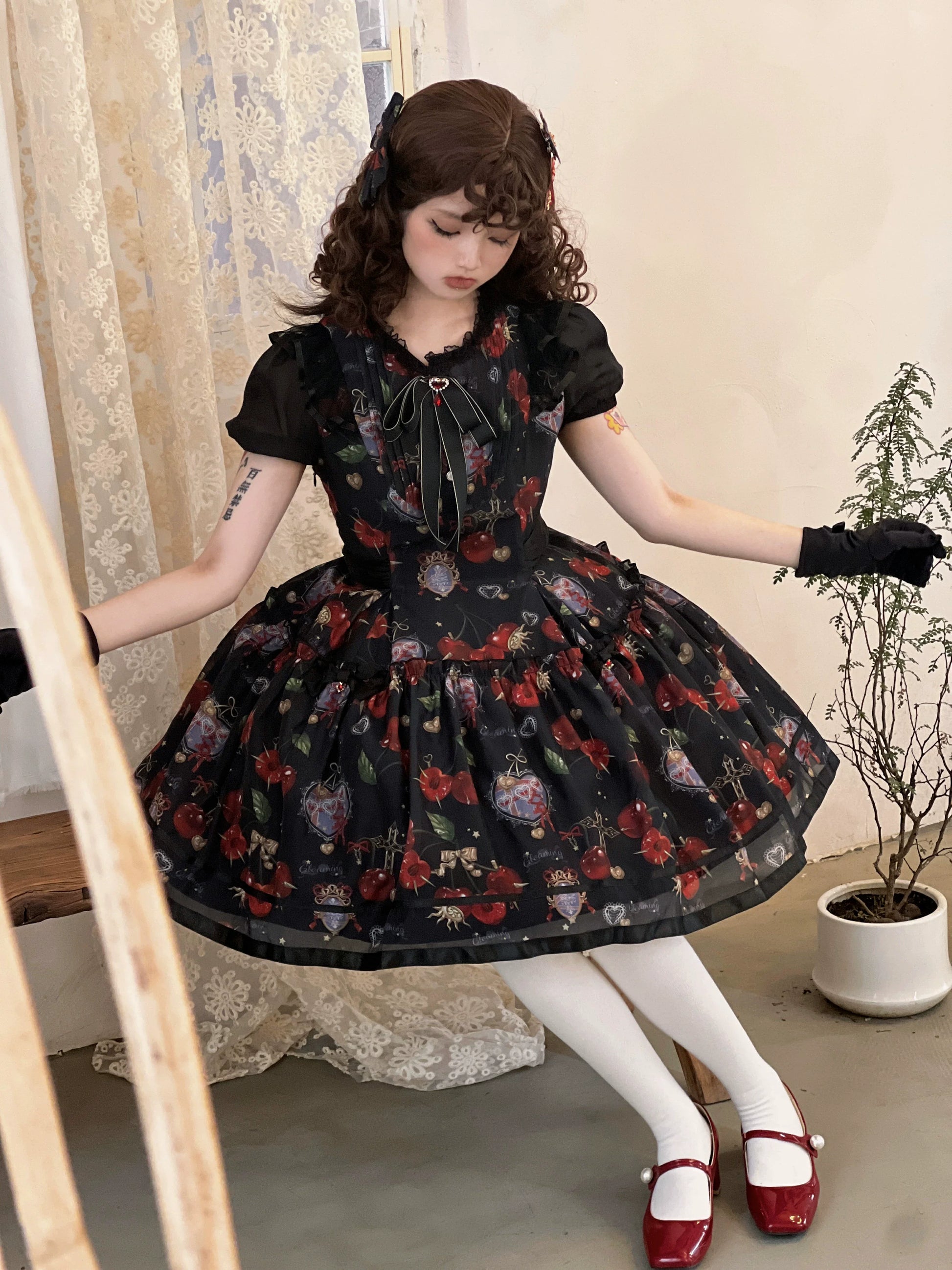Gloaming - Sweet Lolita Cherry print Short Sleeve OP and SK Set