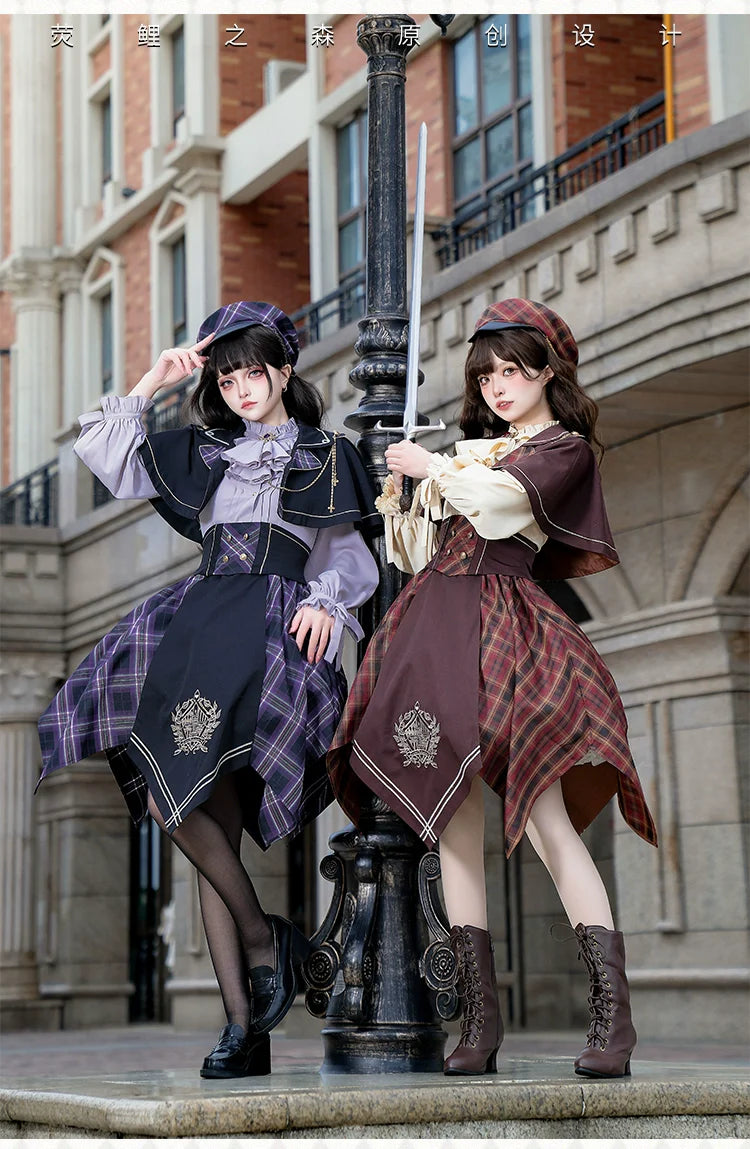 Forest Fluorescent Carps - Queen's Game - Military Lolita OP, Ouji Plaid Lolita Dress Set