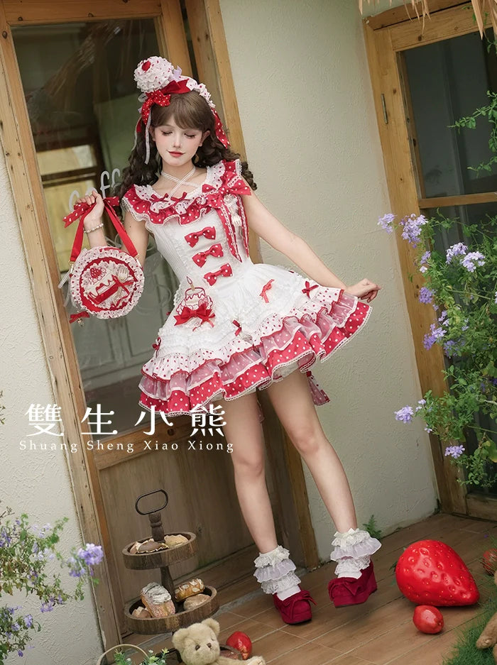 Shuang Sheng Xiao Xiong - Bite The Cake - Sweet Lolita Dress, Red & White Polka Dots