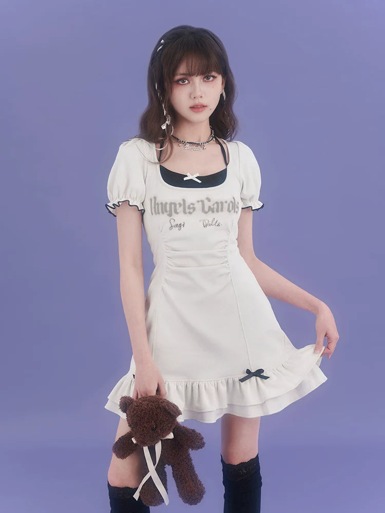 Strap halter neck short sleeve dress【s0000007842】