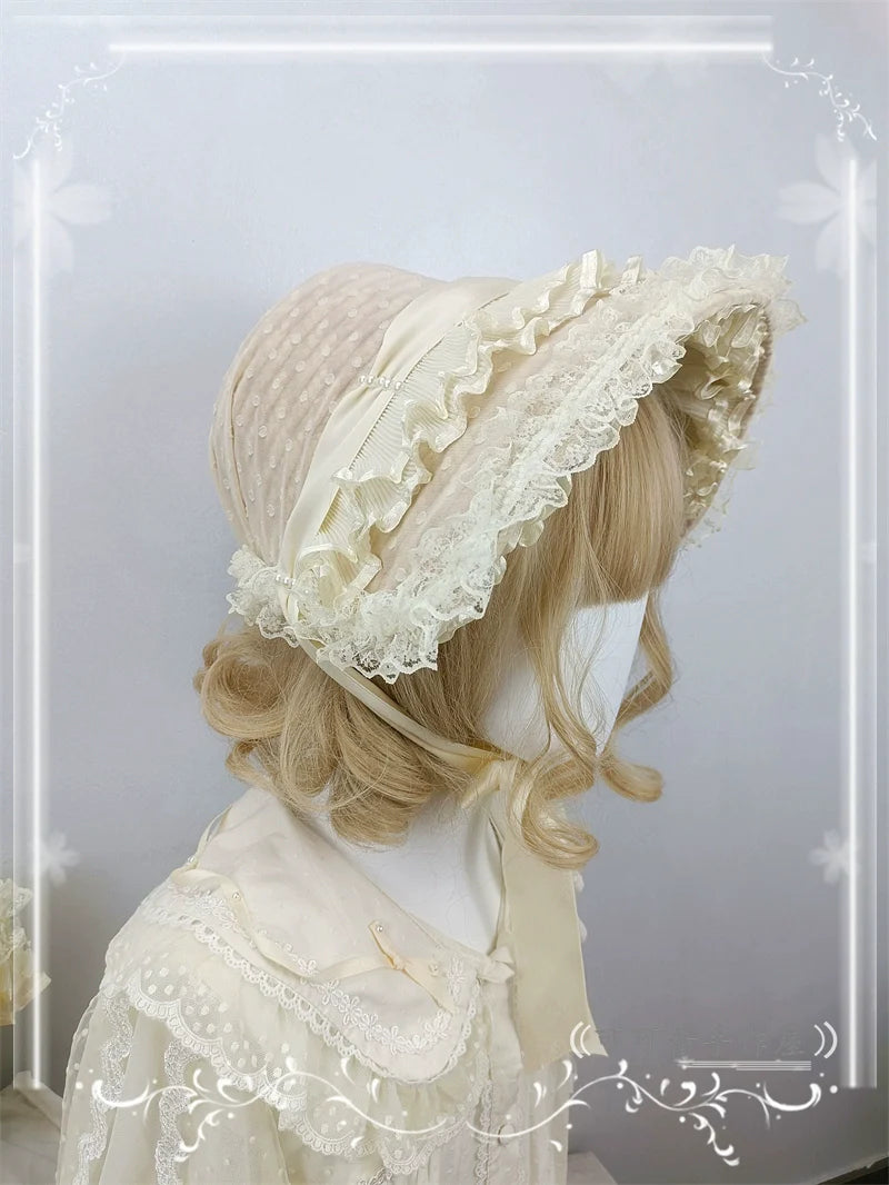 Cocoa Jam - Retro Lolita Hat Hand-basket Ivory Lace Lolita Hat Hand-basket
