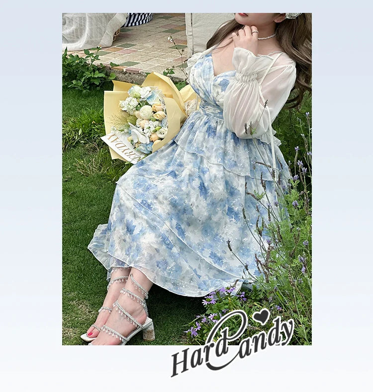 Yingtang - Plus Size Blue Lolita JSK Dress Cardigan Set New Arrival