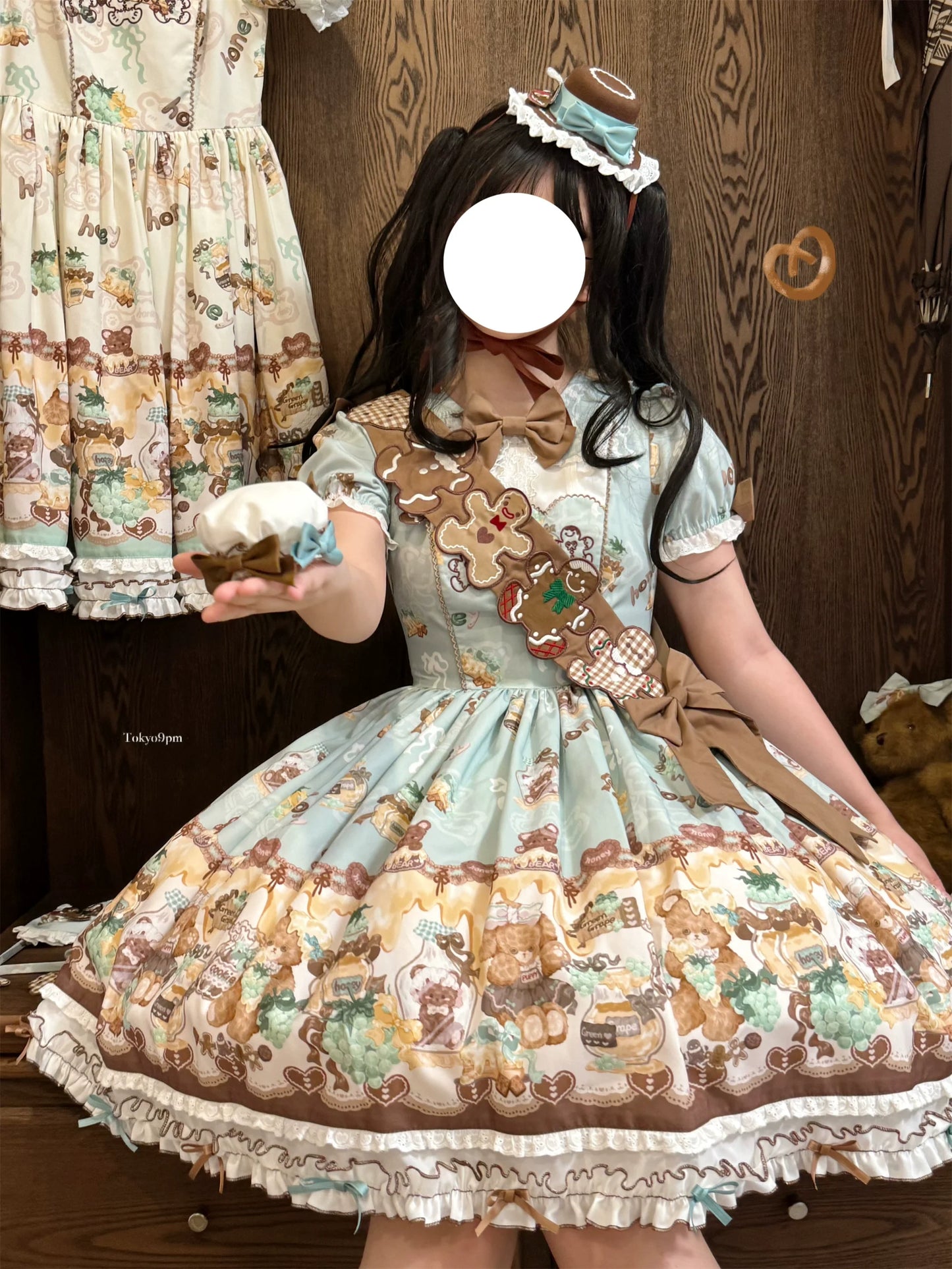 Babyblue - Little Bear Honey Jar - Kawaii Lolita Short Sleeve OP Gingerbread Man Embroidered Dress