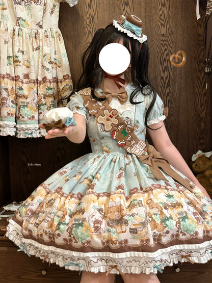 Babyblue - Little Bear Honey Jar - Kawaii Lolita Short Sleeve OP Gingerbread Man Embroidered Dress