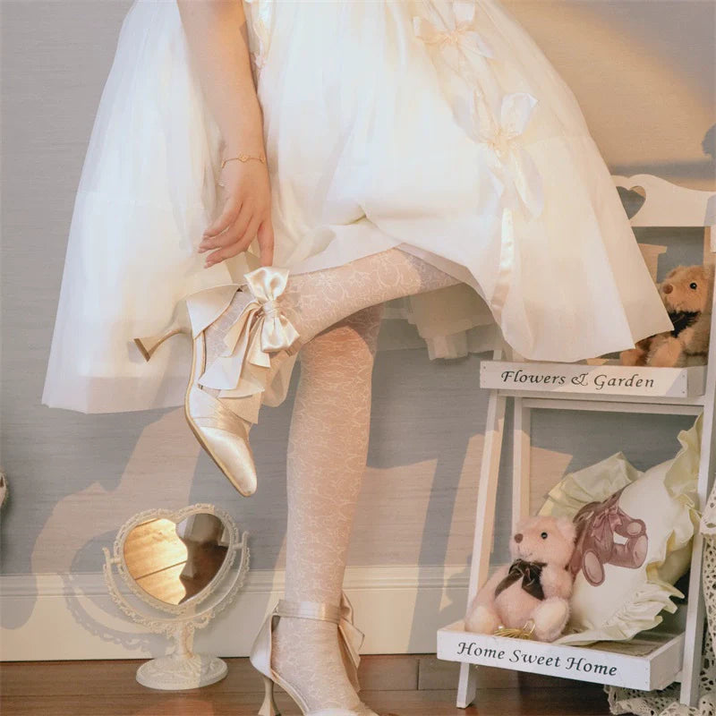 MR.Qiutian - Coronation - Elegant Lolita Shoes Satin Heels With Rose Buckle & Bow Clip