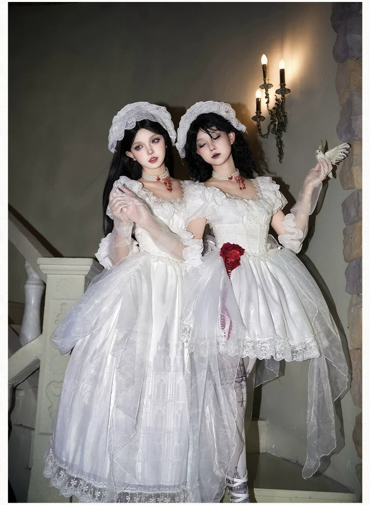 With PUJI - Dawn's Last Light - Castle Printed White Gothic Lolita OP, Two Length Styles