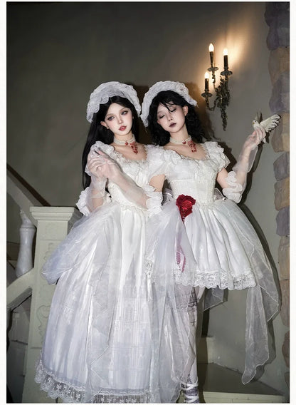 With PUJI - Dawn's Last Light - Castle Printed White Gothic Lolita OP, Two Length Styles