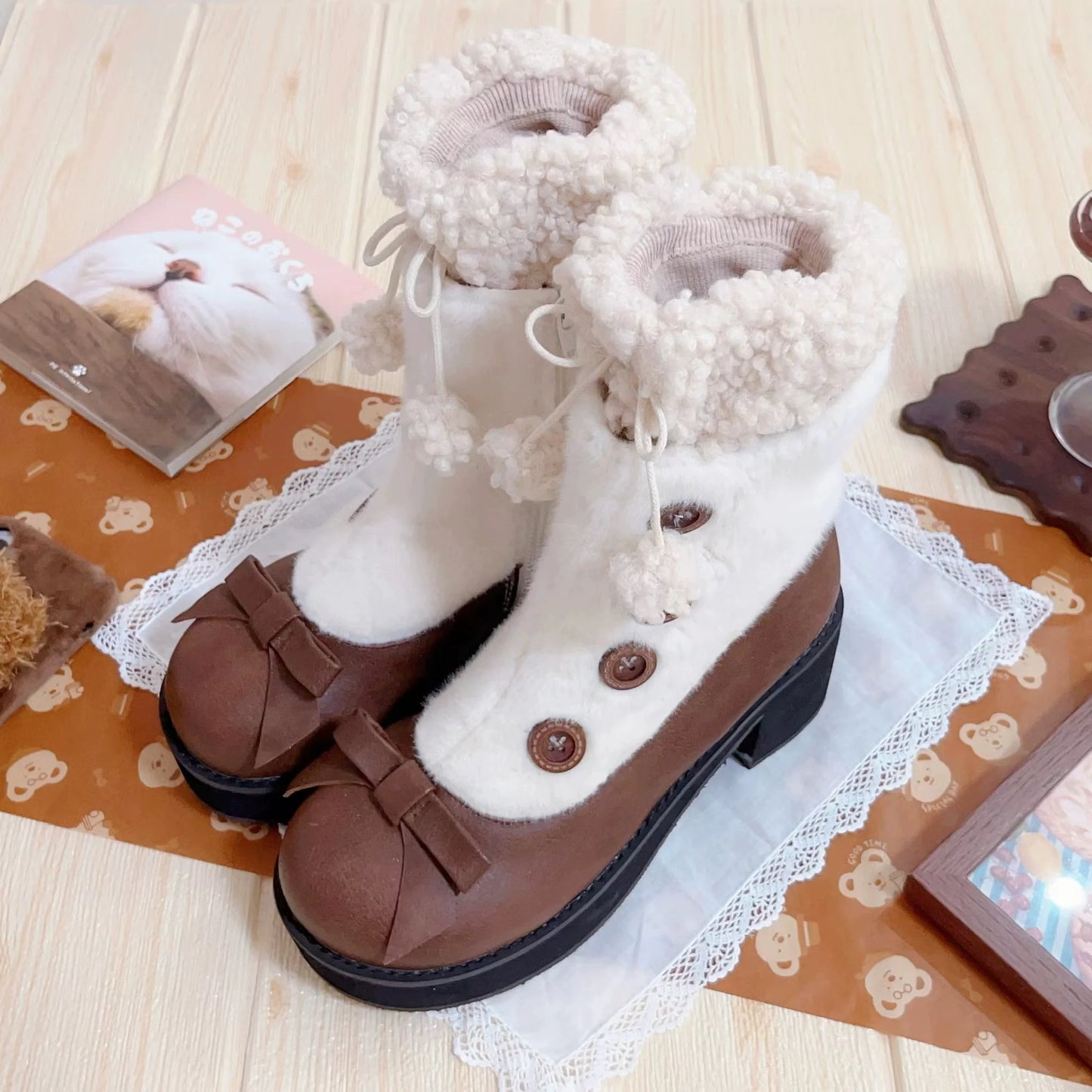 Dolly Doll - Winter Lolita Boots Fur Mary Jane Lolita Low Heel Shoes