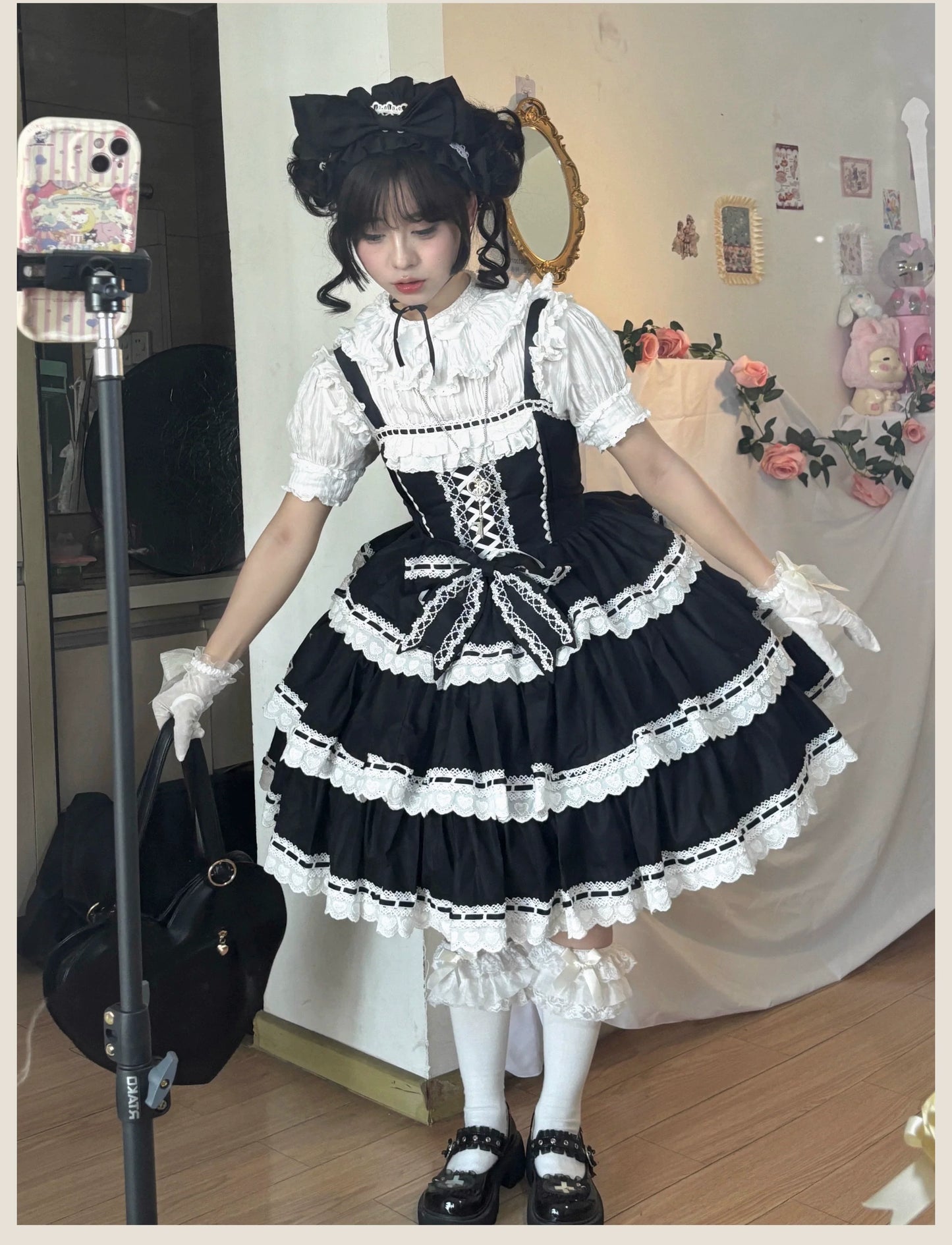 TaTaTa Lolita - Otome Heart - Cotton Old School Lolita JSK Dress Suit, Heart-Shaped Lace Trim