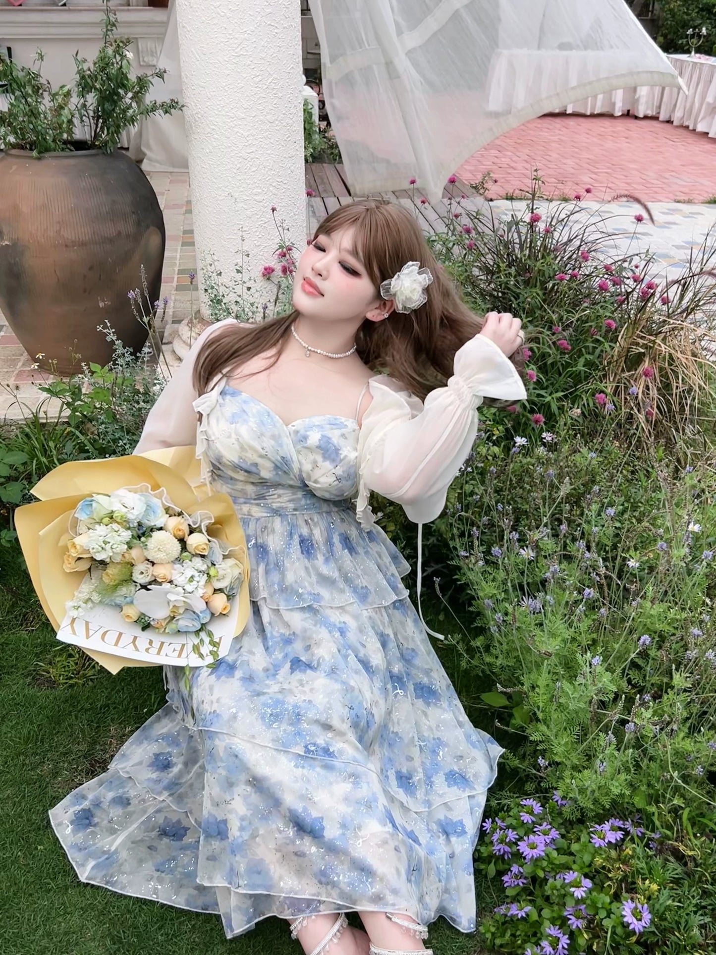 Yingtang - Plus Size Blue Lolita JSK Dress Cardigan Set New Arrival