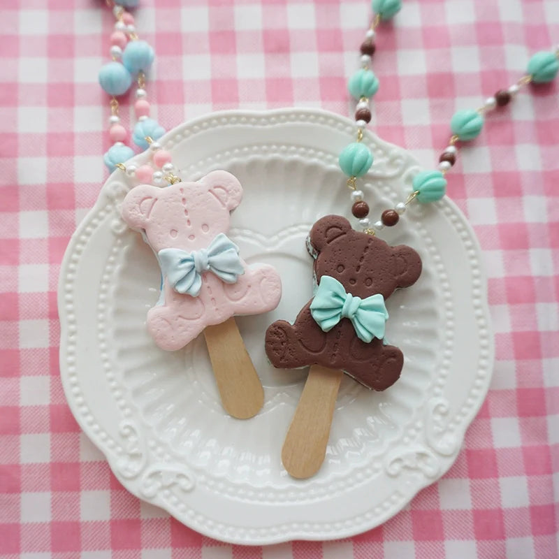 Cat Tea Party - Kawaii Lolita Necklace Bear Biscuit Ice Cream Handmade Clay Necklace