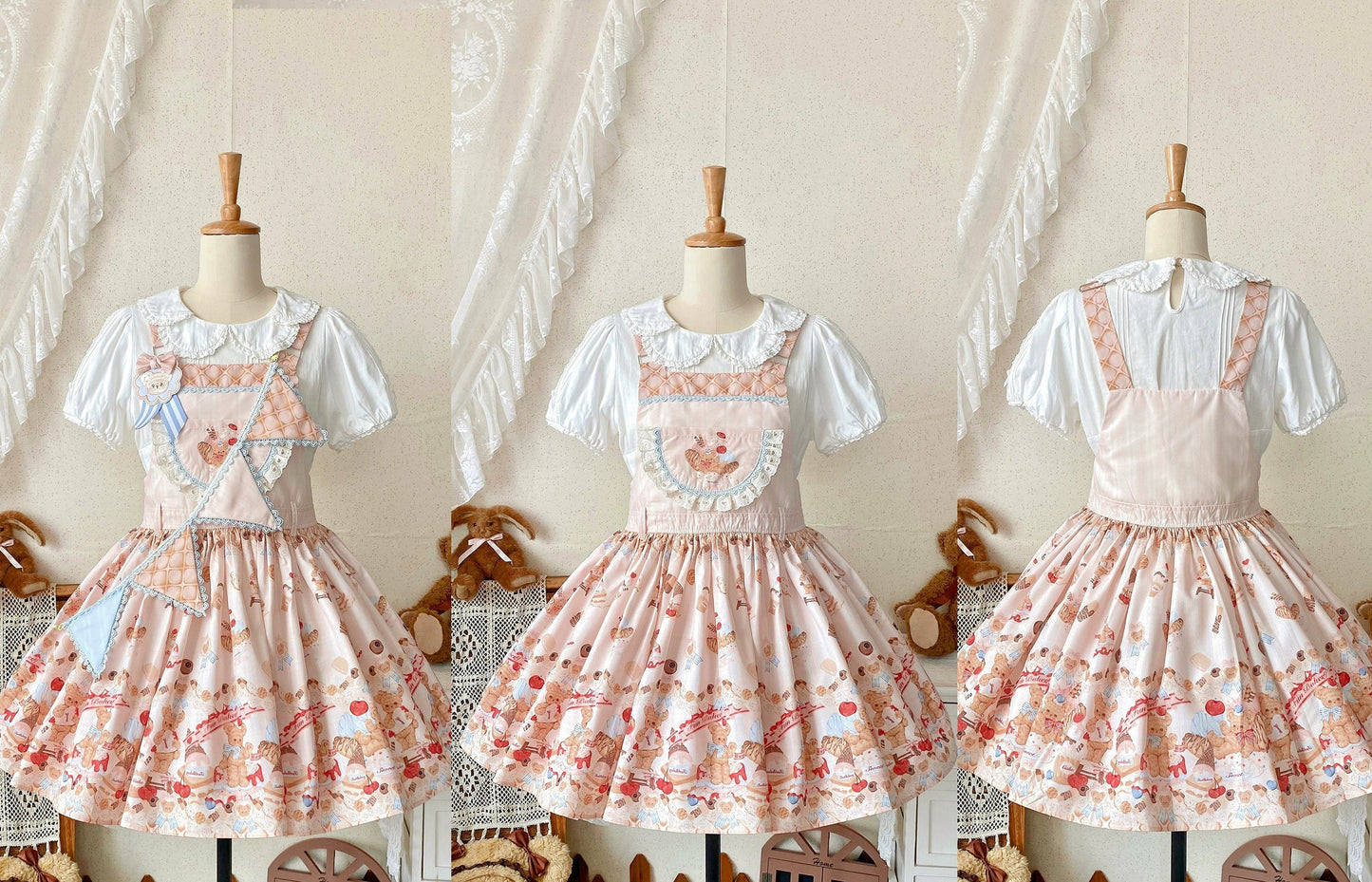 White Tea Story - Little Bear Bonny - Kawaii Lolita Salopette, Bear & Dessert Print
