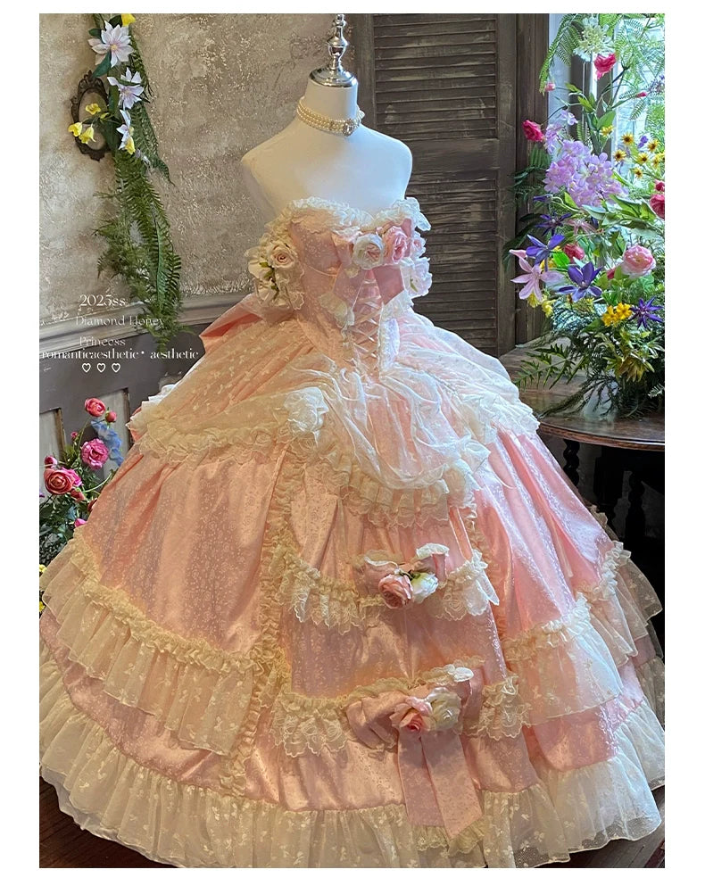 Diamond Honey - Love and Roses - Princess Bridal Wedding Lolita Dress With Rose Detail and Tiered Skirt