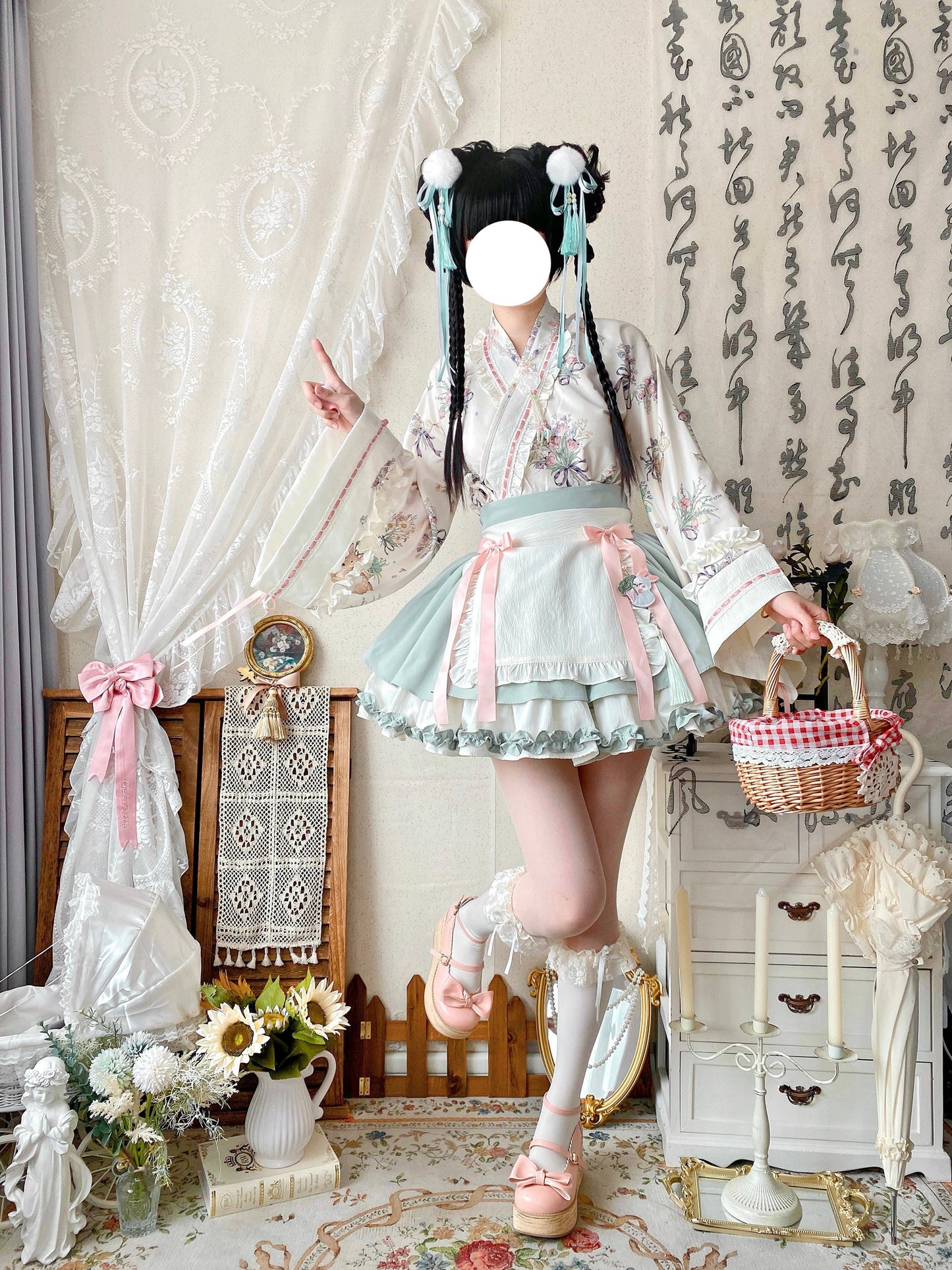 Qianmu - Little Herbalist - Han Lolita Skirt Outfit with Cross-collar Blouse and Apron
