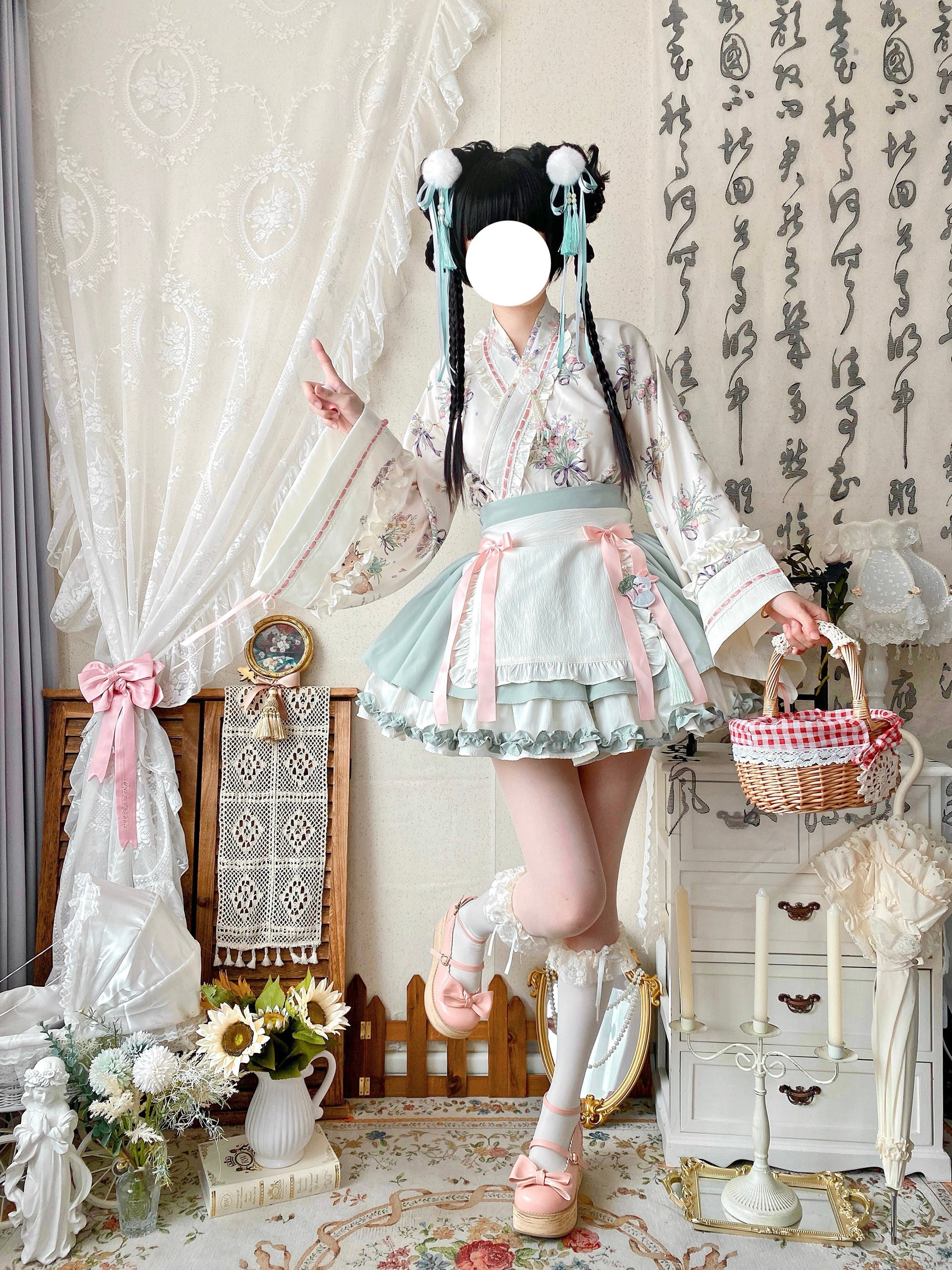 Qianmu - Little Herbalist - Han Lolita Skirt Outfit with Cross-collar Blouse and Apron