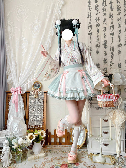 Qianmu - Little Herbalist - Han Lolita Skirt Outfit with Cross-collar Blouse and Apron