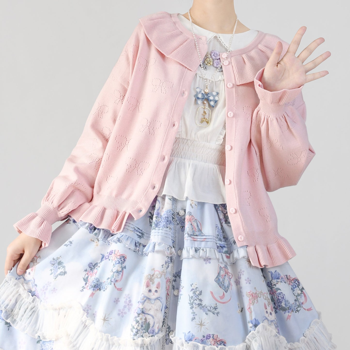 MIST - Vintage Lolita Bow Hollowed-out Sweater Ruffled Cardigan