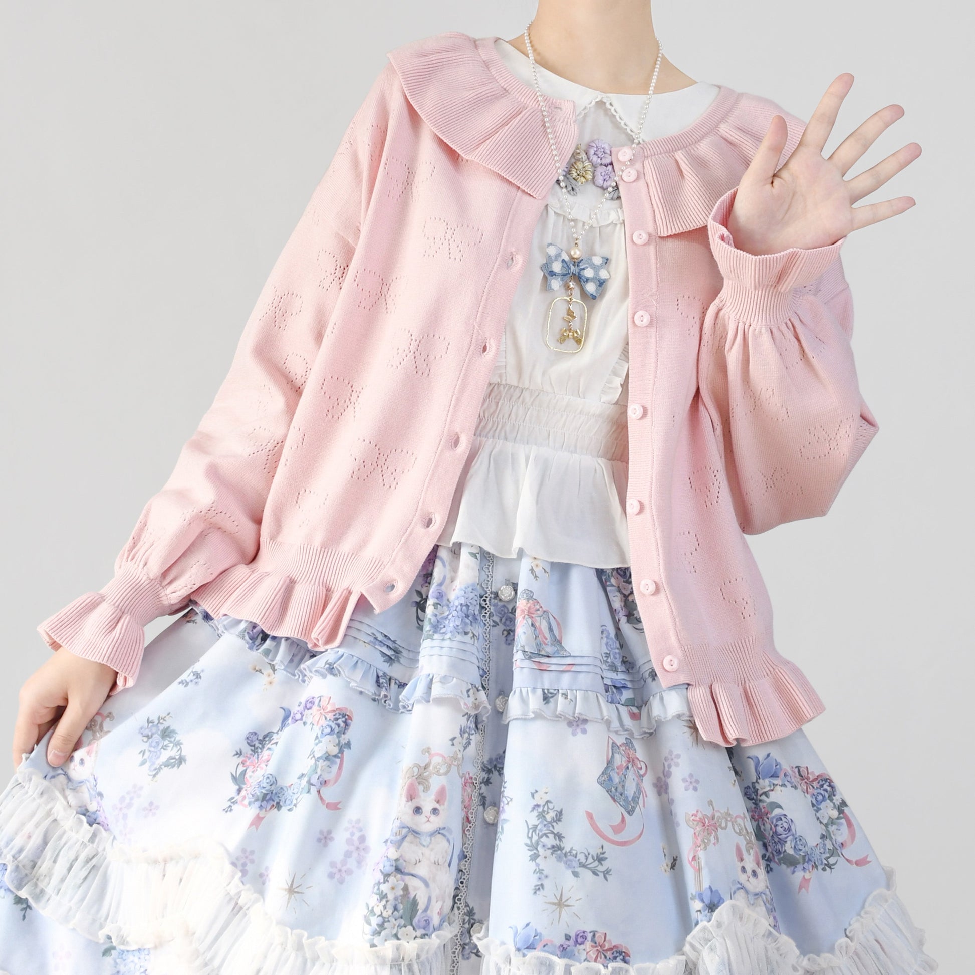 MIST - Vintage Lolita Bow Hollowed-out Sweater Ruffled Cardigan