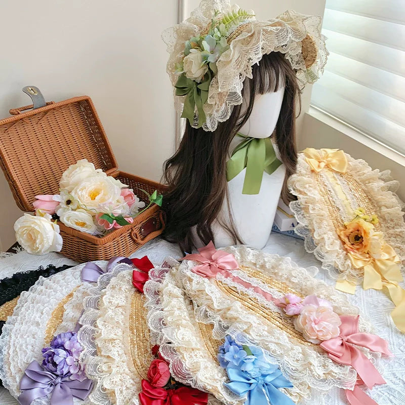 With PUJI - Floral Language - Country Lolita Lace Bow Flat Cap Straw Hat