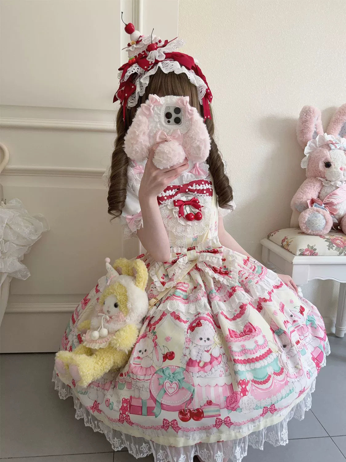 Hanguliang - Cherry Bake Song - Kawaii Lolita JSK Dress With Dessert Print & Cherry Bow