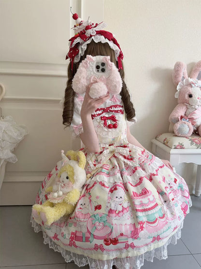 Hanguliang - Cherry Bake Song - Kawaii Lolita JSK Dress With Dessert Print & Cherry Bow
