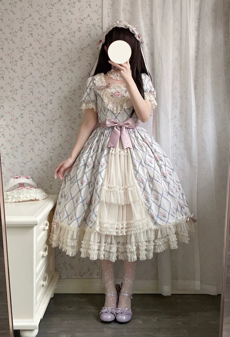 Moon River - Elegant Lolita OP Dress Short Sleeve Square Neckline Print Dress