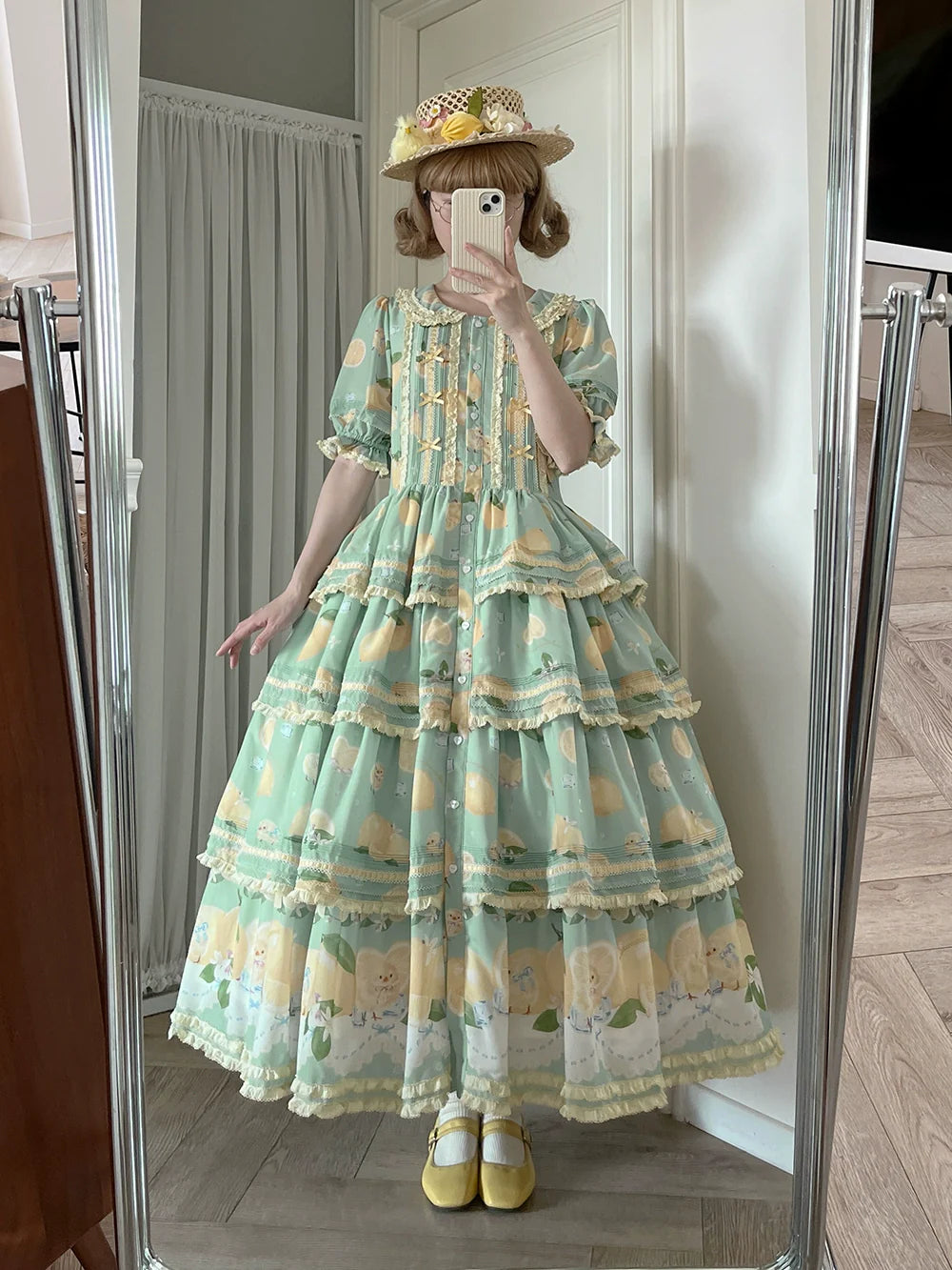 Miss Point - Lemon Chick - Country Lolita Printed OP With Button Front