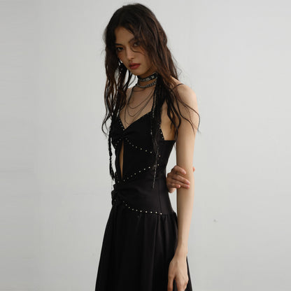 Rivets Decorated Lace Irregular Suspender Dress