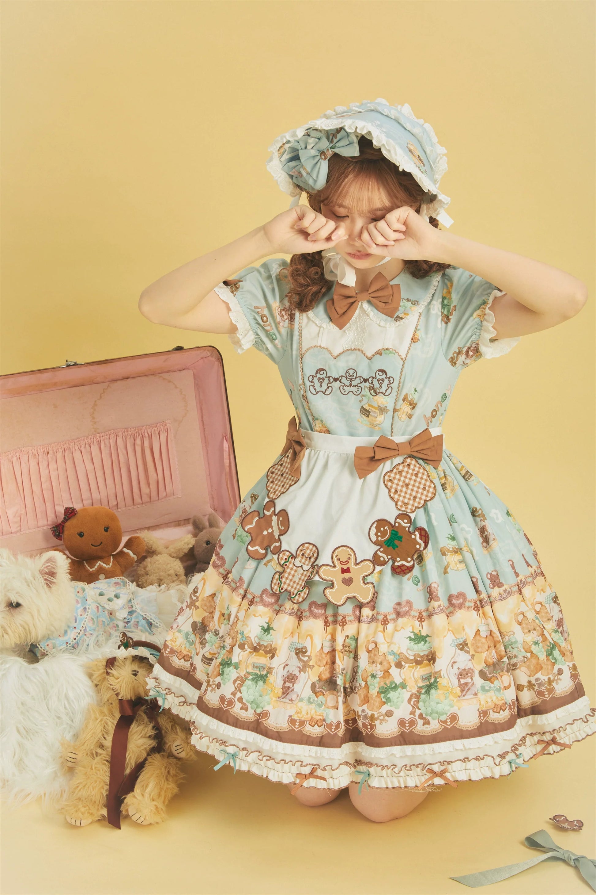 Babyblue - Little Bear Honey Jar - Kawaii Lolita Short Sleeve OP Gingerbread Man Embroidered Dress