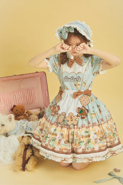 Babyblue - Little Bear Honey Jar - Kawaii Lolita Short Sleeve OP Gingerbread Man Embroidered Dress
