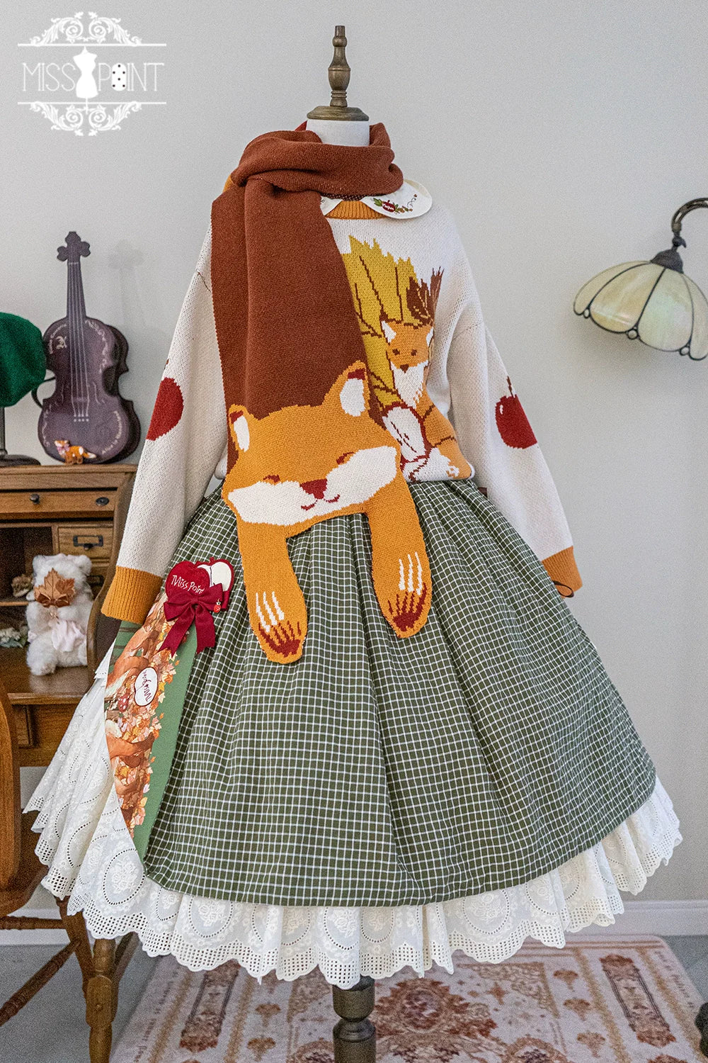 Miss Point - Chubby Fox in the Forest - Kawaii Lolita Accessories Knitted Fox Scarf Embroidered Faux Collar