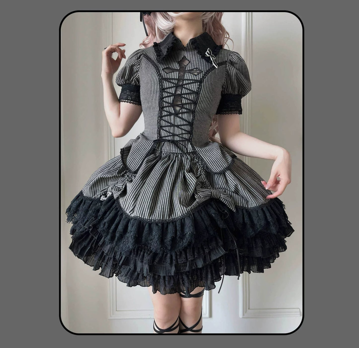 Susin Lolita - Striped Cross - Gothic Coordinated Lolita Set, Adjustable Blouse & Skirt