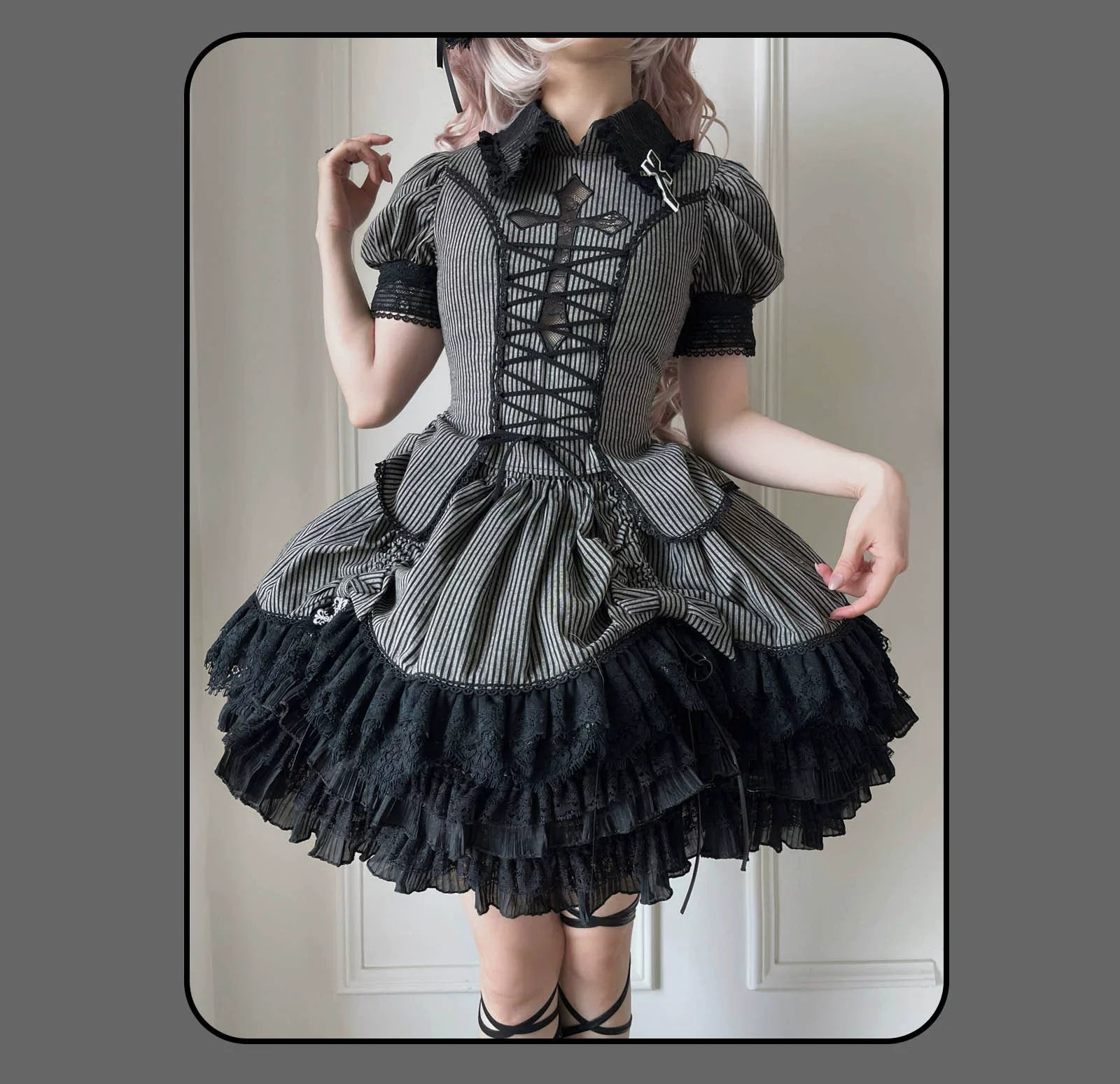 Susin Lolita - Striped Cross - Gothic Coordinated Lolita Set, Adjustable Blouse & Skirt