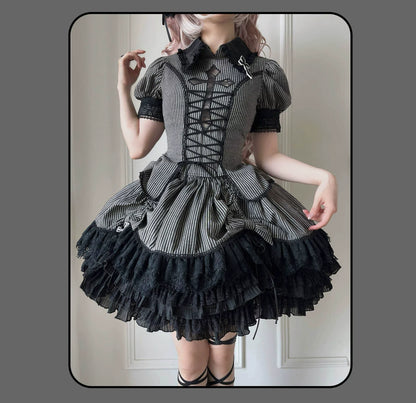 Susin Lolita - Striped Cross - Gothic Coordinated Lolita Set, Adjustable Blouse & Skirt