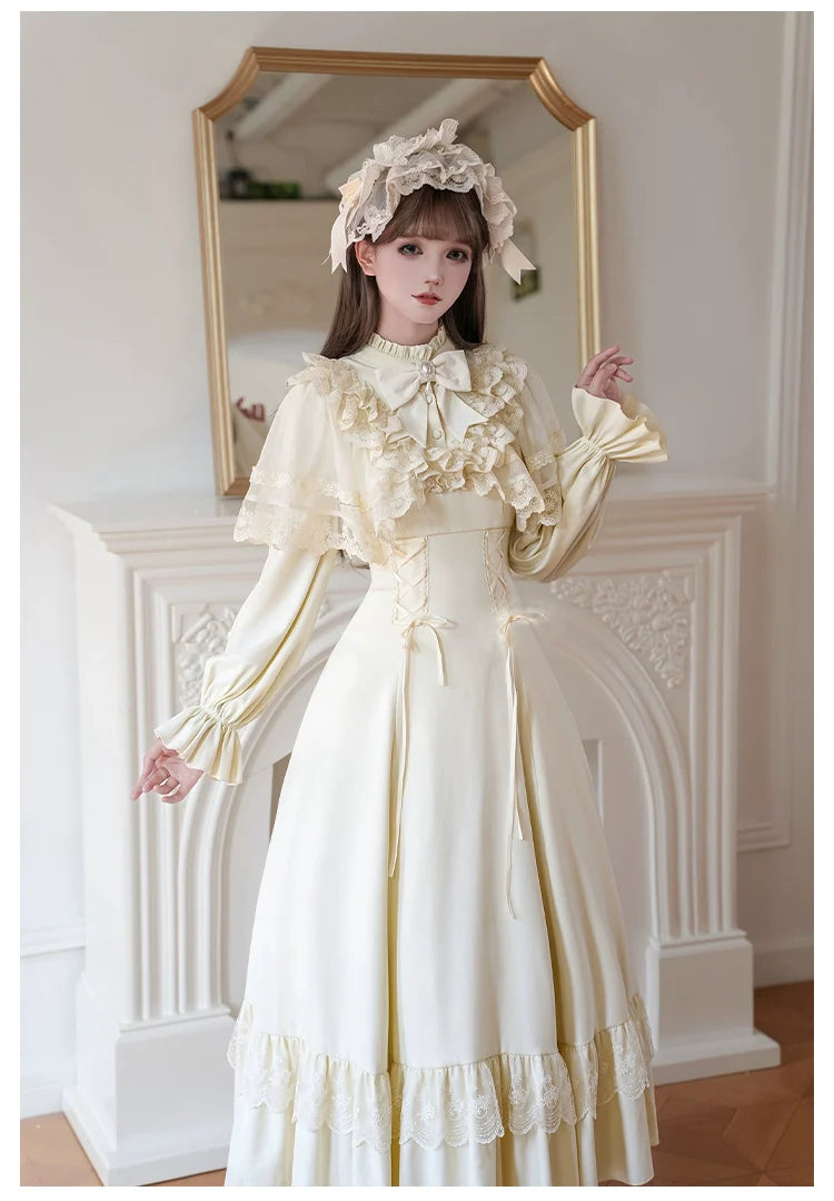 With PUJI - White Daylight - Elegant Lolita Long Sleeve OP Dress, Side Zipper