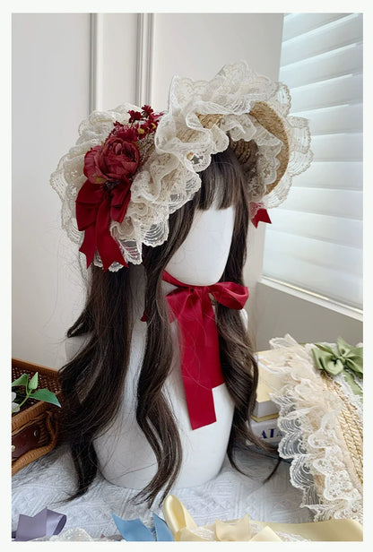 With PUJI - Floral Language - Country Lolita Lace Bow Flat Cap Straw Hat